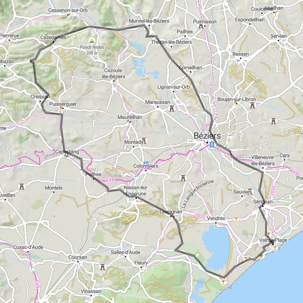 Miniature de la carte de l'inspiration cycliste "Cazedarnes and Sérignan Road Tour" dans la Languedoc-Roussillon, France. Générée par le planificateur d'itinéraire cycliste Tarmacs.app