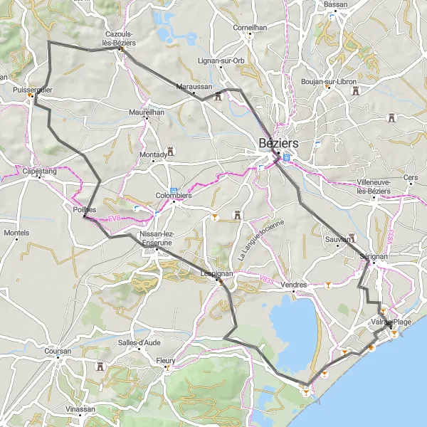 Miniature de la carte de l'inspiration cycliste "Fleury and Puisserguier Scenic Road Ride" dans la Languedoc-Roussillon, France. Générée par le planificateur d'itinéraire cycliste Tarmacs.app