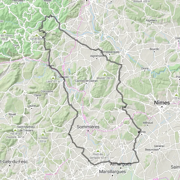 Miniature de la carte de l'inspiration cycliste "Les joyaux et la tranquillité du Gard" dans la Languedoc-Roussillon, France. Générée par le planificateur d'itinéraire cycliste Tarmacs.app