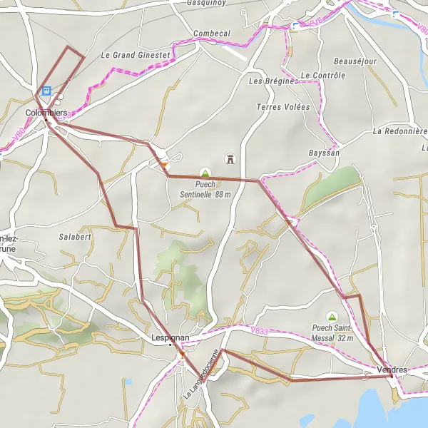Miniature de la carte de l'inspiration cycliste "Les Collines de Vendres" dans la Languedoc-Roussillon, France. Générée par le planificateur d'itinéraire cycliste Tarmacs.app