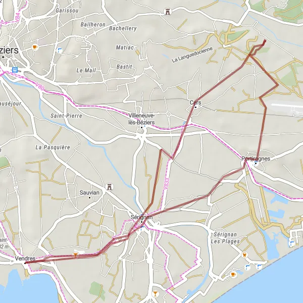 Map miniature of "Vendres Gravel Loop" cycling inspiration in Languedoc-Roussillon, France. Generated by Tarmacs.app cycling route planner