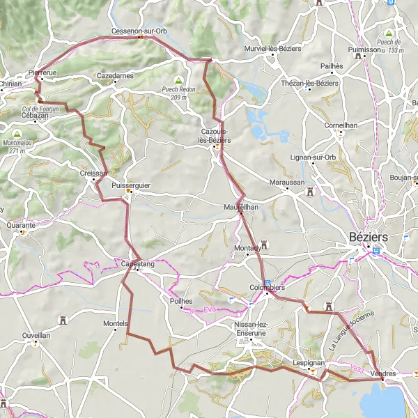 Miniature de la carte de l'inspiration cycliste "Circuit du Pech du Thou et de Cessenon-sur-Orb" dans la Languedoc-Roussillon, France. Générée par le planificateur d'itinéraire cycliste Tarmacs.app