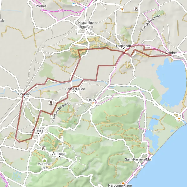 Map miniature of "Vinassan Gravel Loop" cycling inspiration in Languedoc-Roussillon, France. Generated by Tarmacs.app cycling route planner