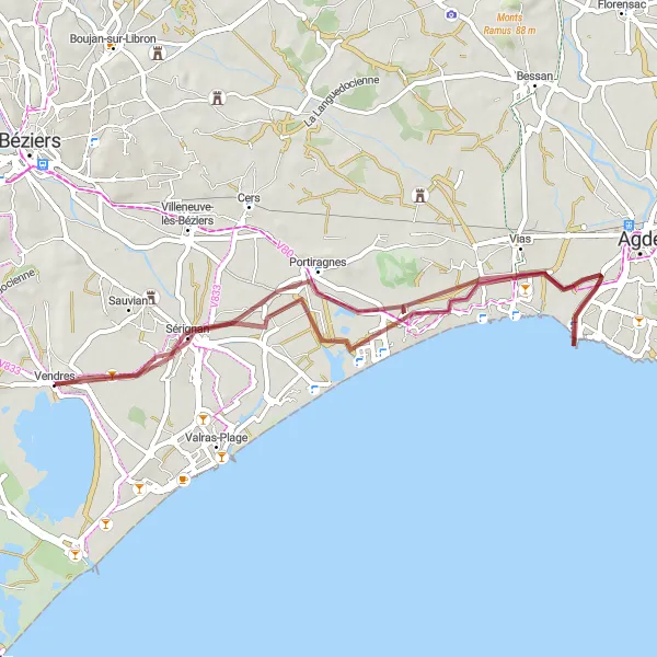 Miniature de la carte de l'inspiration cycliste "Circuit de la Tamarissière à Portiragnes Plage" dans la Languedoc-Roussillon, France. Générée par le planificateur d'itinéraire cycliste Tarmacs.app