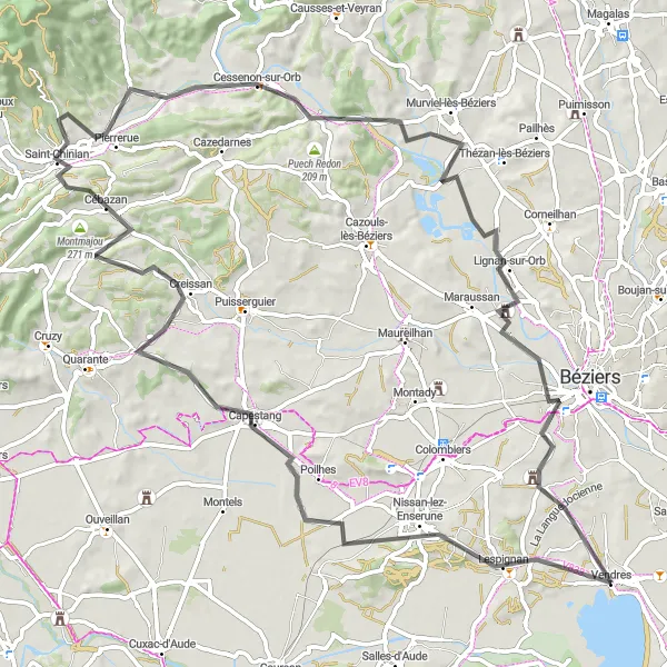 Map miniature of "Vendres to Ecluses de Fonserannes Loop" cycling inspiration in Languedoc-Roussillon, France. Generated by Tarmacs.app cycling route planner