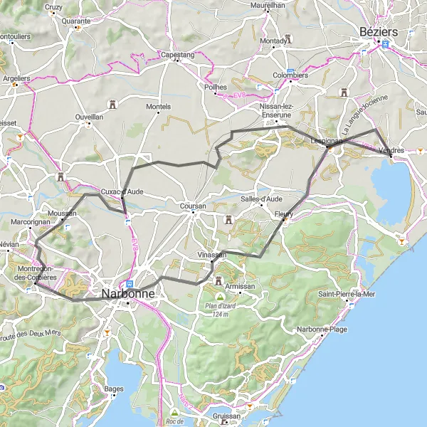Miniature de la carte de l'inspiration cycliste "Tour des Corbières" dans la Languedoc-Roussillon, France. Générée par le planificateur d'itinéraire cycliste Tarmacs.app