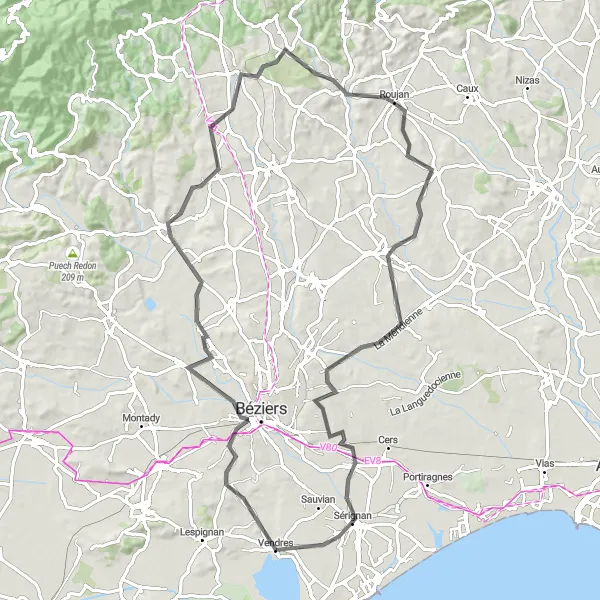 Map miniature of "Vendres to Alignan-du-Vent Road Loop" cycling inspiration in Languedoc-Roussillon, France. Generated by Tarmacs.app cycling route planner