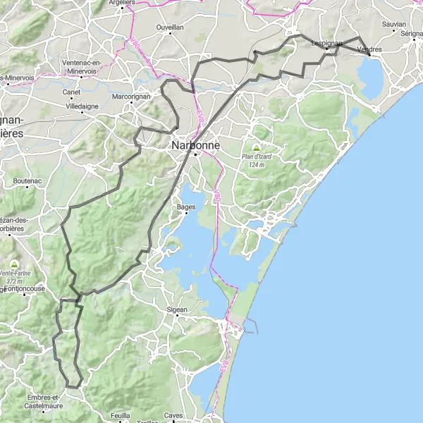 Map miniature of "Through Languedoc-Roussillon" cycling inspiration in Languedoc-Roussillon, France. Generated by Tarmacs.app cycling route planner