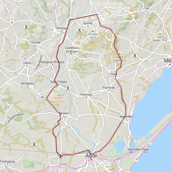 Map miniature of "Gravel Paradise near Vias" cycling inspiration in Languedoc-Roussillon, France. Generated by Tarmacs.app cycling route planner