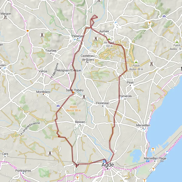 Map miniature of "Pézenas Discovery" cycling inspiration in Languedoc-Roussillon, France. Generated by Tarmacs.app cycling route planner