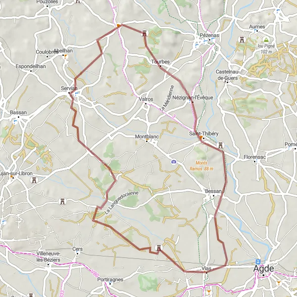 Miniature de la carte de l'inspiration cycliste "Château de Preignes-le-Vieux et Servian Circuit" dans la Languedoc-Roussillon, France. Générée par le planificateur d'itinéraire cycliste Tarmacs.app