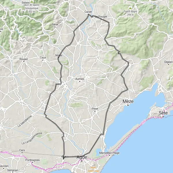 Miniature de la carte de l'inspiration cycliste "Parcours à vélo dans les environs de Vias" dans la Languedoc-Roussillon, France. Générée par le planificateur d'itinéraire cycliste Tarmacs.app