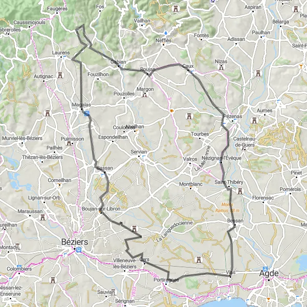 Map miniature of "Coastal Loop from Vias" cycling inspiration in Languedoc-Roussillon, France. Generated by Tarmacs.app cycling route planner