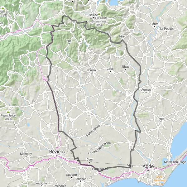 Map miniature of "Portiragnes Loop" cycling inspiration in Languedoc-Roussillon, France. Generated by Tarmacs.app cycling route planner