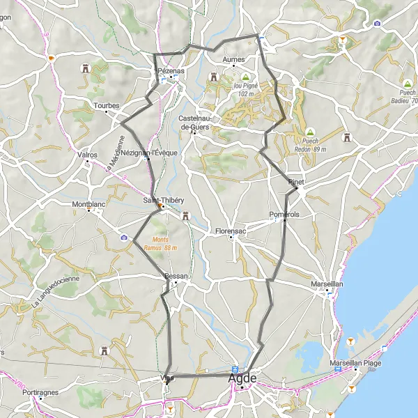 Map miniature of "The Fort and Vineyards" cycling inspiration in Languedoc-Roussillon, France. Generated by Tarmacs.app cycling route planner