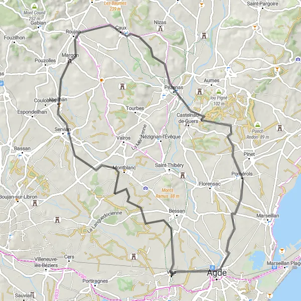 Miniature de la carte de l'inspiration cycliste "Le Tour des Vignobles de l'Hérault" dans la Languedoc-Roussillon, France. Générée par le planificateur d'itinéraire cycliste Tarmacs.app
