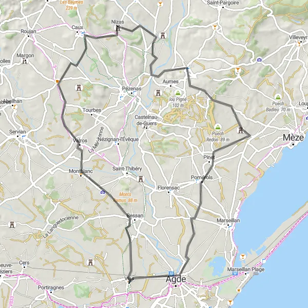 Map miniature of "Vias and Bessan Loop" cycling inspiration in Languedoc-Roussillon, France. Generated by Tarmacs.app cycling route planner