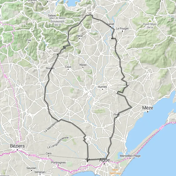 Map miniature of "Zoo Delights and Clermont-l'Hérault Challenge" cycling inspiration in Languedoc-Roussillon, France. Generated by Tarmacs.app cycling route planner