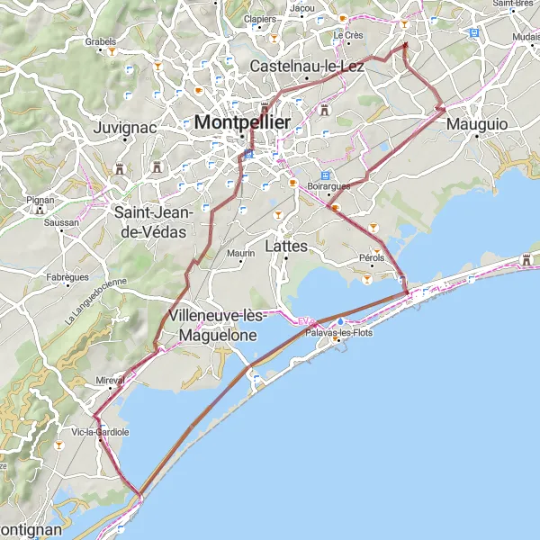 Miniature de la carte de l'inspiration cycliste "Le Tour des Étangs près de Vic-la-Gardiole" dans la Languedoc-Roussillon, France. Générée par le planificateur d'itinéraire cycliste Tarmacs.app