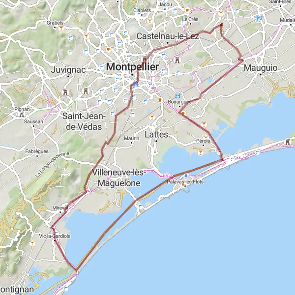 Map miniature of "Gardiole Gravel Adventure" cycling inspiration in Languedoc-Roussillon, France. Generated by Tarmacs.app cycling route planner