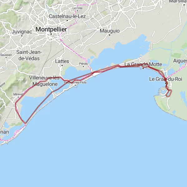 Miniature de la carte de l'inspiration cycliste "Balade panoramique à vélo près de Vic-la-Gardiole" dans la Languedoc-Roussillon, France. Générée par le planificateur d'itinéraire cycliste Tarmacs.app