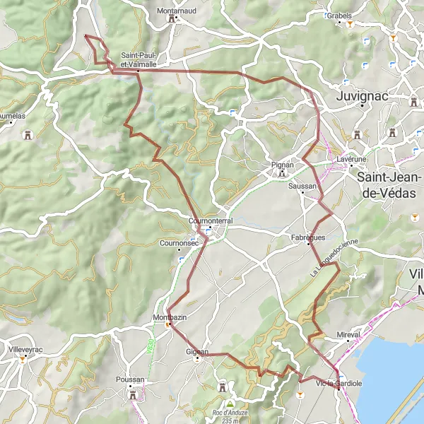 Miniature de la carte de l'inspiration cycliste "Aventure à vélo tout-terrain autour de Vic-la-Gardiole" dans la Languedoc-Roussillon, France. Générée par le planificateur d'itinéraire cycliste Tarmacs.app