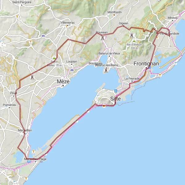 Miniature de la carte de l'inspiration cycliste "Parcours de cyclisme sur gravier au départ de Vic-la-Gardiole" dans la Languedoc-Roussillon, France. Générée par le planificateur d'itinéraire cycliste Tarmacs.app