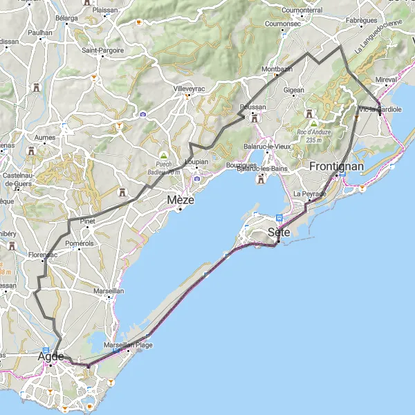 Map miniature of "Scenic Road Cycling: Sète to Florensac" cycling inspiration in Languedoc-Roussillon, France. Generated by Tarmacs.app cycling route planner