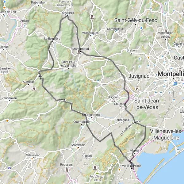 Map miniature of "Scenic Vic-la-Gardiole Loop" cycling inspiration in Languedoc-Roussillon, France. Generated by Tarmacs.app cycling route planner