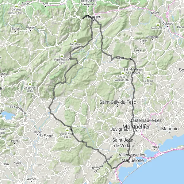 Map miniature of "Les Chemins de l'Hérault: Col de la Tortue" cycling inspiration in Languedoc-Roussillon, France. Generated by Tarmacs.app cycling route planner