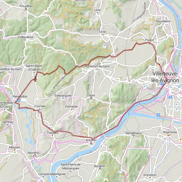 Miniature de la carte de l'inspiration cycliste "Circuit Gravel Aramon-Fournès-Villeneuve-lès-Avignon" dans la Languedoc-Roussillon, France. Générée par le planificateur d'itinéraire cycliste Tarmacs.app