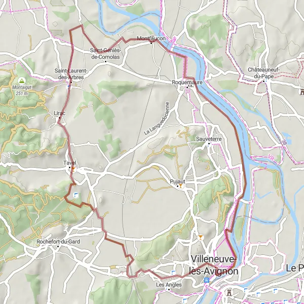 Map miniature of "Villeneuve-lès-Avignon Gravel Discovery" cycling inspiration in Languedoc-Roussillon, France. Generated by Tarmacs.app cycling route planner