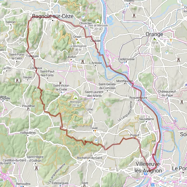 Map miniature of "Villeneuve-lès-Avignon Gravel Adventure" cycling inspiration in Languedoc-Roussillon, France. Generated by Tarmacs.app cycling route planner