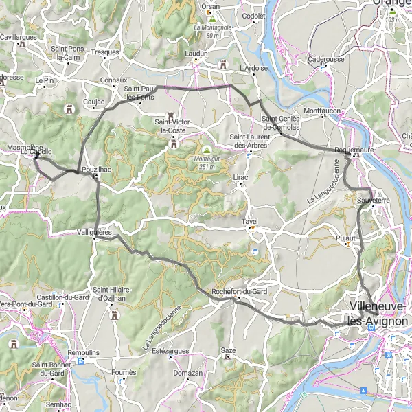 Miniature de la carte de l'inspiration cycliste "Le Tour de Pouzilhac" dans la Languedoc-Roussillon, France. Générée par le planificateur d'itinéraire cycliste Tarmacs.app