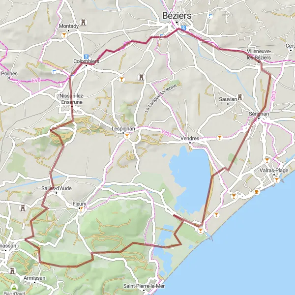 Map miniature of "Gravel Route around Villeneuve-lès-Béziers" cycling inspiration in Languedoc-Roussillon, France. Generated by Tarmacs.app cycling route planner