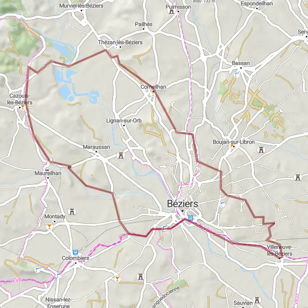 Miniature de la carte de l'inspiration cycliste "Les Sentiers de l'Orb" dans la Languedoc-Roussillon, France. Générée par le planificateur d'itinéraire cycliste Tarmacs.app