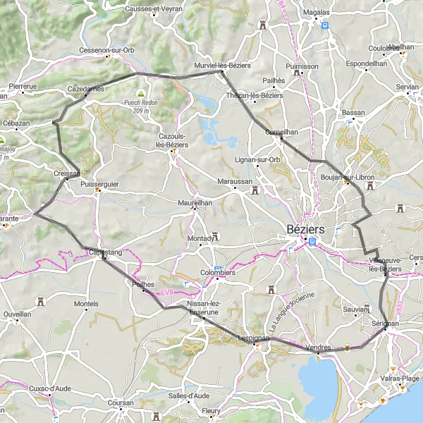 Miniature de la carte de l'inspiration cycliste "Les Rives de l'Orb" dans la Languedoc-Roussillon, France. Générée par le planificateur d'itinéraire cycliste Tarmacs.app