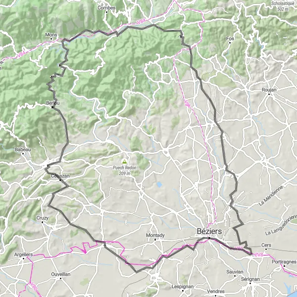 Map miniature of "The Béziers Highlights" cycling inspiration in Languedoc-Roussillon, France. Generated by Tarmacs.app cycling route planner