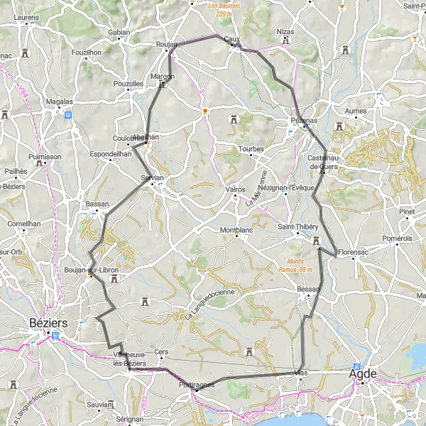 Miniature de la carte de l'inspiration cycliste "Les Vignobles de l'Arrière-Pays Biterrois" dans la Languedoc-Roussillon, France. Générée par le planificateur d'itinéraire cycliste Tarmacs.app