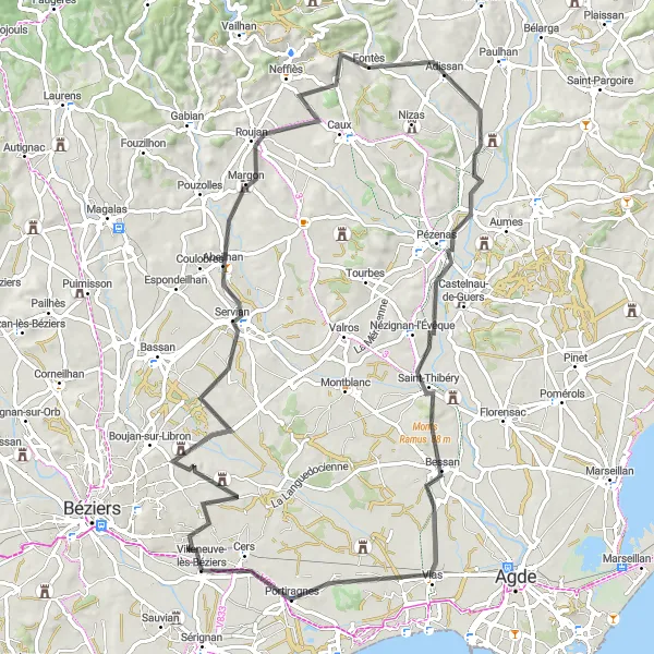 Map miniature of "Road Route around Villeneuve-lès-Béziers" cycling inspiration in Languedoc-Roussillon, France. Generated by Tarmacs.app cycling route planner