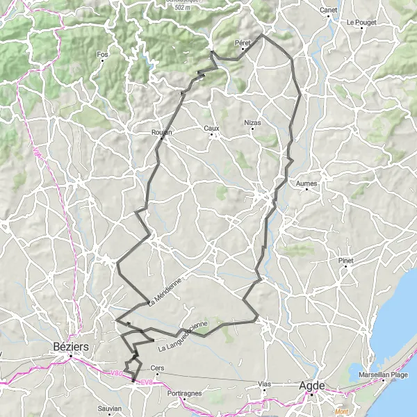 Map miniature of "Ultimate Road Cycling Adventure to Villeneuve-lès-Béziers" cycling inspiration in Languedoc-Roussillon, France. Generated by Tarmacs.app cycling route planner