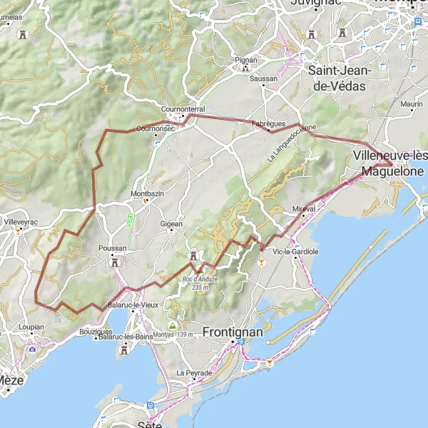 Map miniature of "Gravel Delight" cycling inspiration in Languedoc-Roussillon, France. Generated by Tarmacs.app cycling route planner
