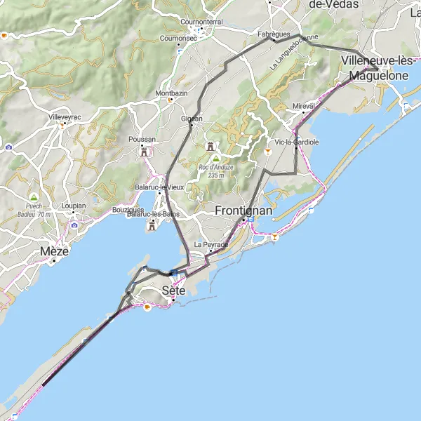 Map miniature of "The Coastal Delights Route" cycling inspiration in Languedoc-Roussillon, France. Generated by Tarmacs.app cycling route planner