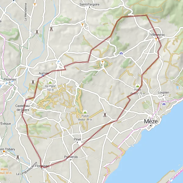 Miniature de la carte de l'inspiration cycliste "Chemin des oliviers et Table d'orientation" dans la Languedoc-Roussillon, France. Générée par le planificateur d'itinéraire cycliste Tarmacs.app