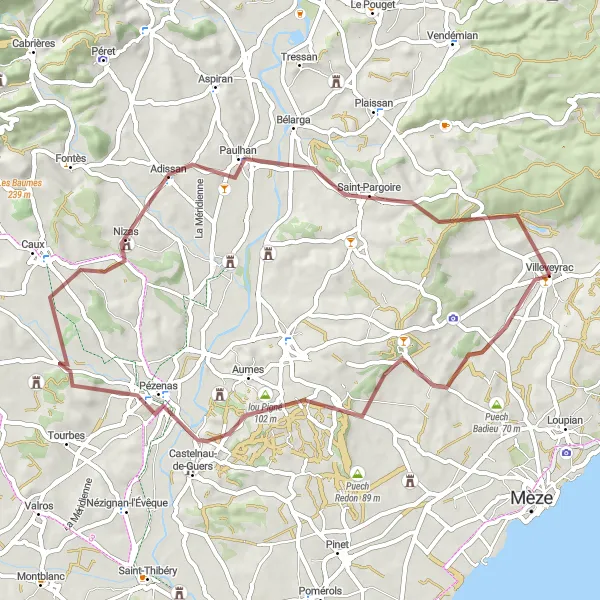 Map miniature of "Challenging Gravel Adventure from Villeveyrac" cycling inspiration in Languedoc-Roussillon, France. Generated by Tarmacs.app cycling route planner