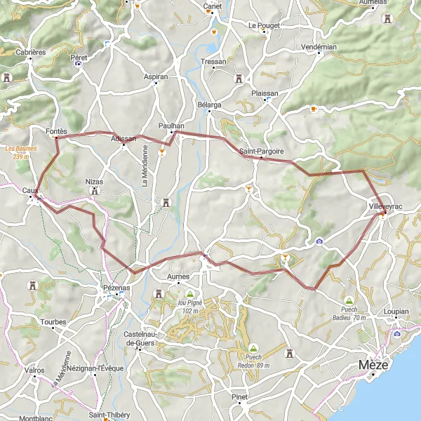 Map miniature of "Gravel Route: Villeveyrac to Table d'orientation" cycling inspiration in Languedoc-Roussillon, France. Generated by Tarmacs.app cycling route planner