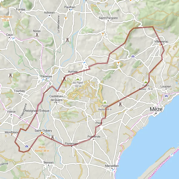 Map miniature of "Gravel Route: Villeveyrac to Table d'orientation detour" cycling inspiration in Languedoc-Roussillon, France. Generated by Tarmacs.app cycling route planner