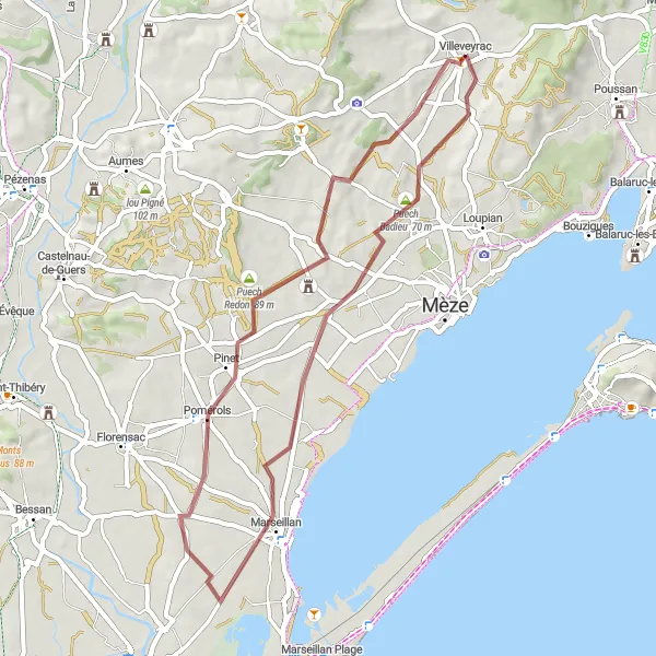 Map miniature of "Gravel Adventure Near Villeveyrac" cycling inspiration in Languedoc-Roussillon, France. Generated by Tarmacs.app cycling route planner