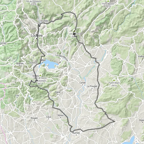 Map miniature of "Road Route: Villeveyrac to Table d'orientation and Col du Vent" cycling inspiration in Languedoc-Roussillon, France. Generated by Tarmacs.app cycling route planner