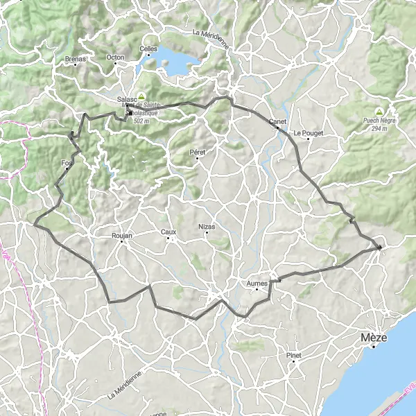 Map miniature of "Road Route: Villeveyrac to Table d'orientation through Abbey Valmagne" cycling inspiration in Languedoc-Roussillon, France. Generated by Tarmacs.app cycling route planner